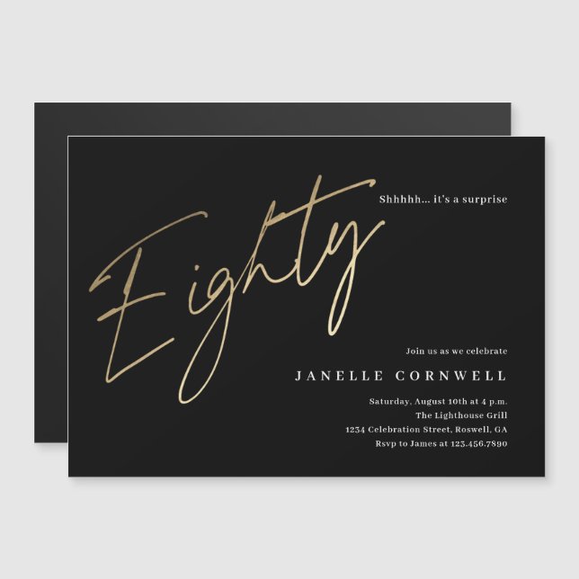 Minimalist Script Black and Gold 80th Birthday Magnetic Invitation (Front/Back)