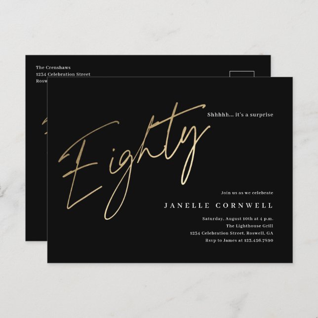 Minimalist Script Black and Gold 80th Birthday Postcard (Front/Back)