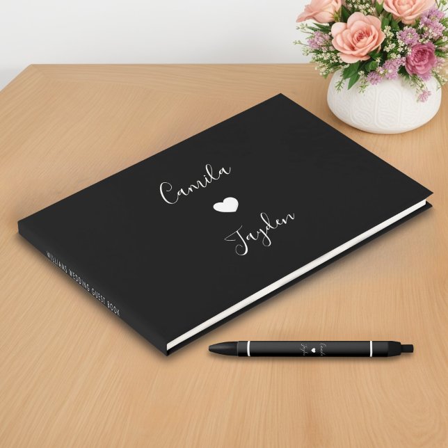 Minimalist Script Black and White Heart Wedding Guest Book (Creator Uploaded)