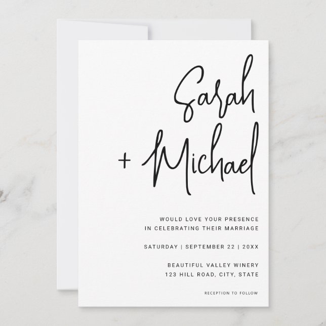 Minimalist Script Black and White Modern Wedding Invitation (Front)