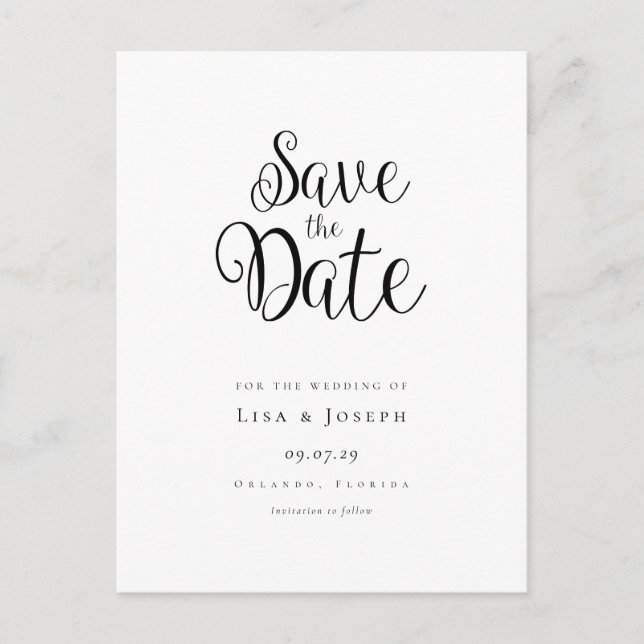 Minimalist Script Black and White Save the Date Postcard (Front)