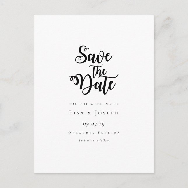 Minimalist Script Black and White Save the Date Postcard (Front)