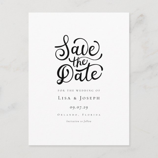 Minimalist Script Black and White Save the Date Postcard (Front)
