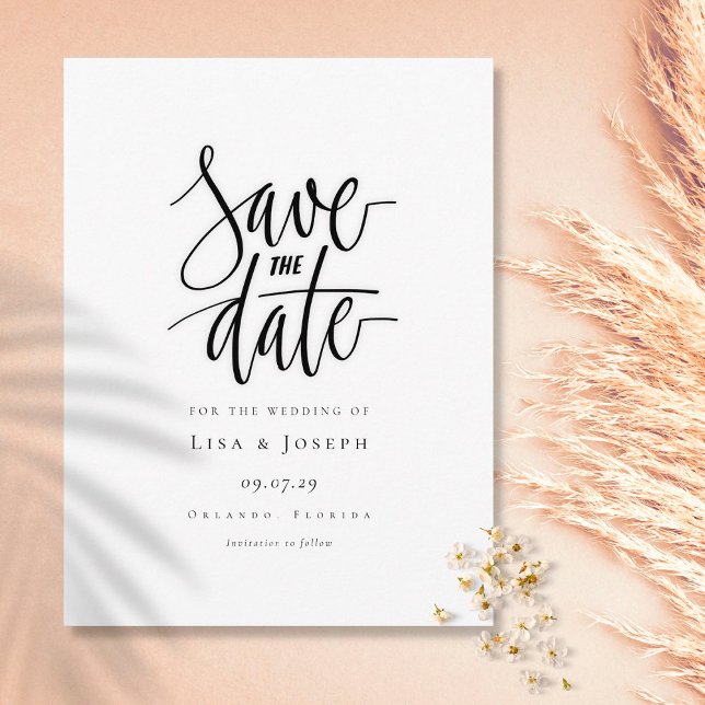 Minimalist Script Black and White Save the Date Postcard (Creator Uploaded)