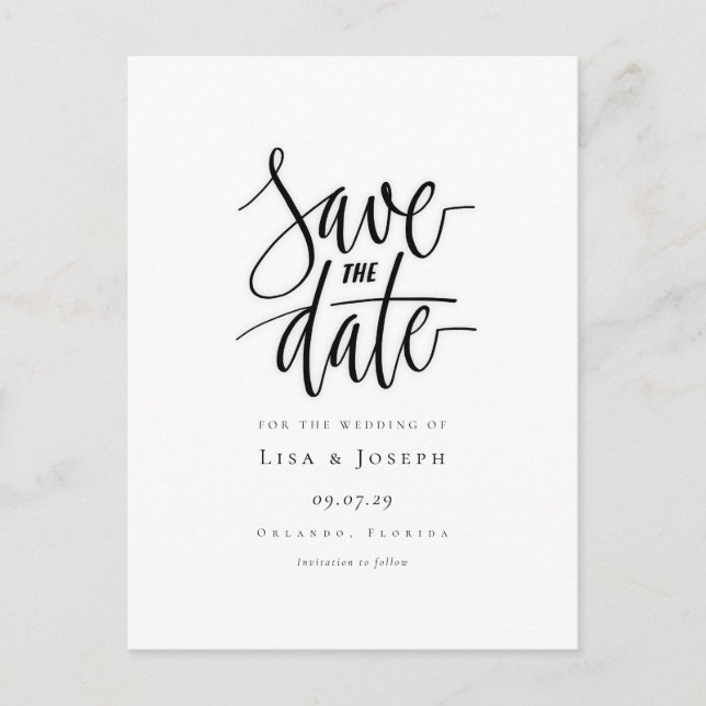 Minimalist Script Black and White Save the Date Postcard (Front)