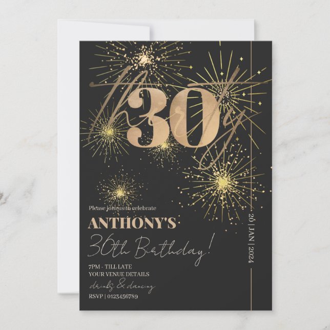 Minimalist Script Black & Gold 30th Birthday Party Invitation (Front)