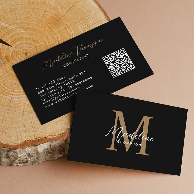 Minimalist Script Black Gold Monogram QR Code Business Card (Creator Uploaded)