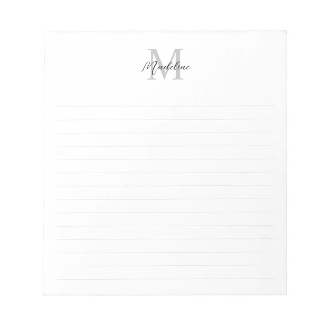 Minimalist Script Black Grey Monogram Lined Notepad (Front)