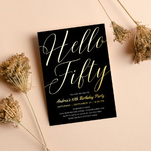 Minimalist Script Black Hello Fifty Birthday Gold