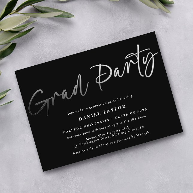 Minimalist Script Black Silver Graduation Party (Creator Uploaded)