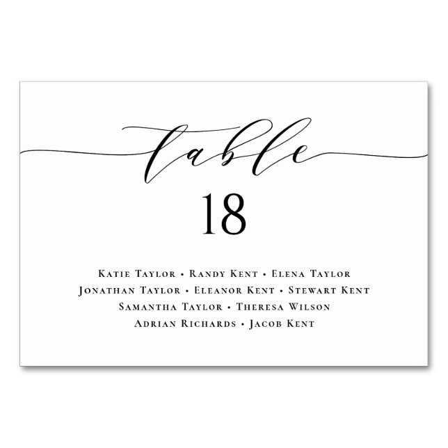 Minimalist Script Black Wedding Seating Plan Table Number (Front)