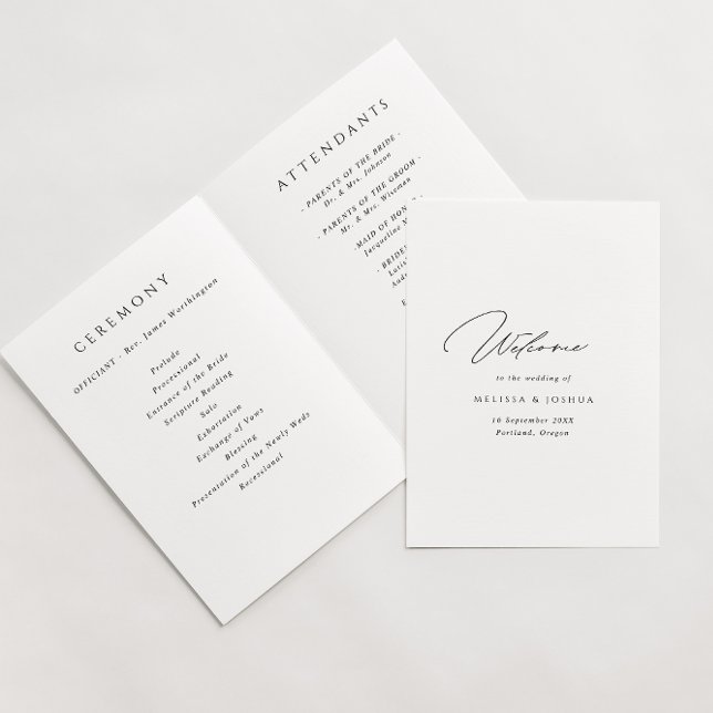 Minimalist Script Black & White Folded Wedding  Programme (Creator Uploaded)