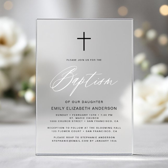 Minimalist Script Black White Simple Baptism Acrylic Invitations (Creator Uploaded)