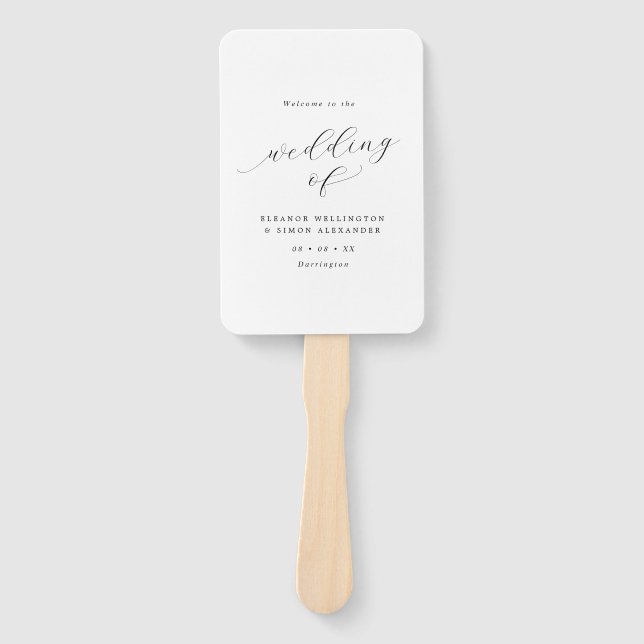 Minimalist Script Black & White Wedding Program Hand Fan (Front)