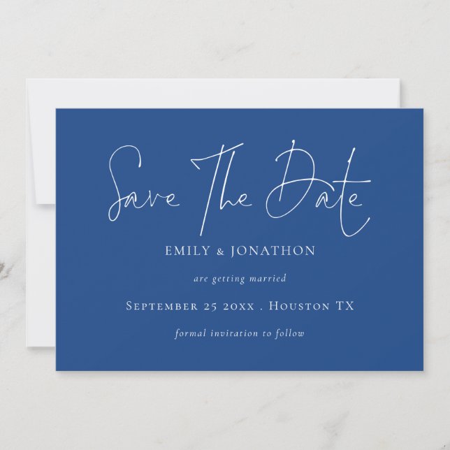 Minimalist Script Blue Save The Date (Front)