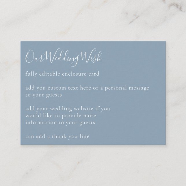 Minimalist Script Boho Dusty Blue Wedding Custom Enclosure Card (Front)