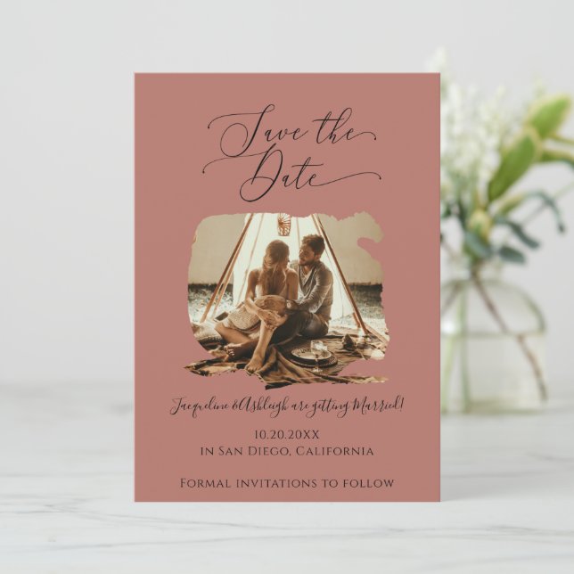 Minimalist Script Brush Stroke Terracotta Photo Save The Date (Standing Front)