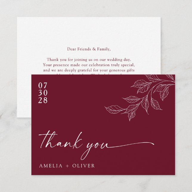 Minimalist Script Burgundy Botanical Wedding Thank You Card (Front/Back)