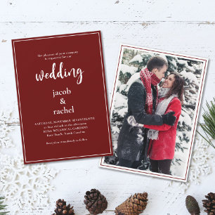 Minimalist Script Burgundy Dark Red Photo Wedding Invitation