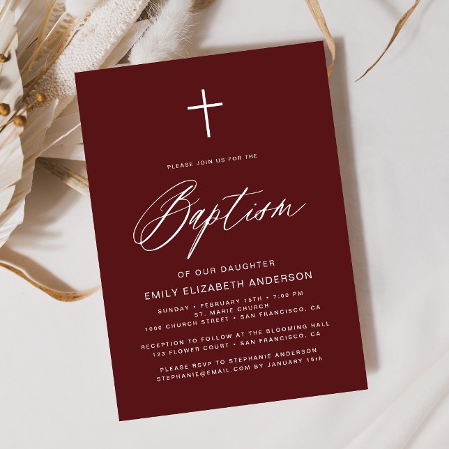 Minimalist Script Burgundy Simple Baptism Invitation (Creator Uploaded)