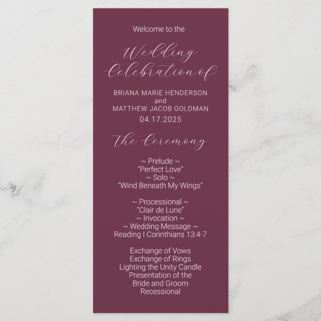 Minimalist Script Burgundy Wedding Program Programme (Front)