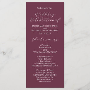 Minimalist Script Burgundy Wedding Program Programme