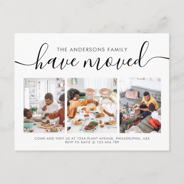 Minimalist Script Calligraphy 3 Photo Moving Announcement Postcard (Front)