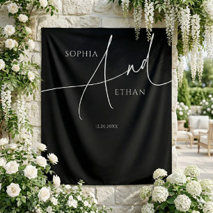 Minimalist Script Calligraphy Black Wedding Tapestry