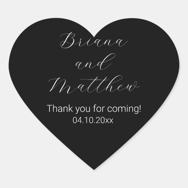 Minimalist Script Calligraphy Black White Favours Heart Sticker (Front)