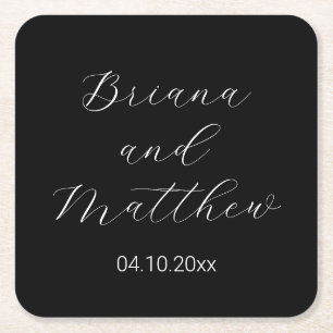 Minimalist Script Calligraphy Black White Wedding Square Paper Coaster