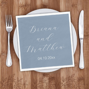 Minimalist Script Calligraphy Dusty Blue Wedding Napkin