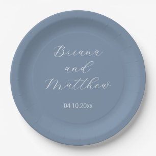 Minimalist Script Calligraphy Dusty Blue Wedding Paper Plate