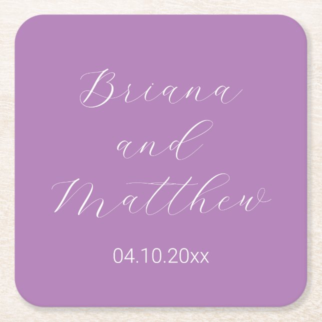 Minimalist Script Calligraphy Lavender Wedding Square Paper Coaster (Front)