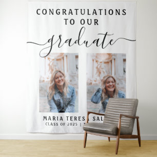 Minimalist Script Calligraphy Two Photo Graduation Tapestry