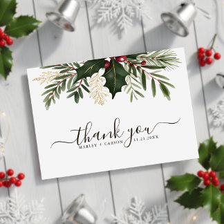 Minimalist Script Christmas Greenery Wedding Thank You Card