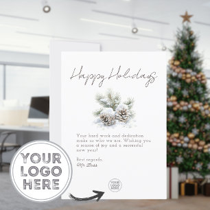 minimalist script, corporate snowy pine cones holiday card