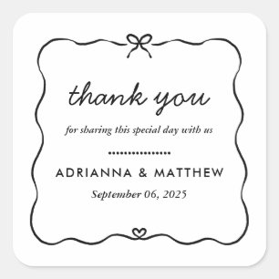 Minimalist Script Cute Bow Heart Frame Thank You Square Sticker