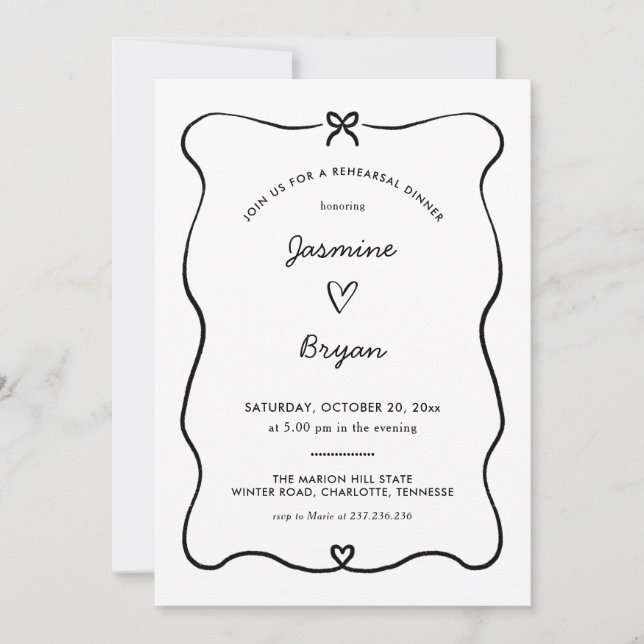 Minimalist Script Cute Heart Bow Rehearsal Dinner Invitation (Front)