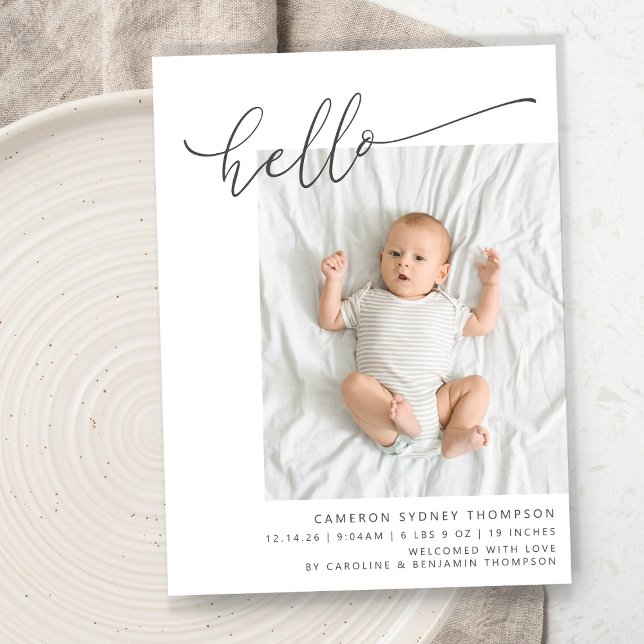 Minimalist Script Cute Hello Baby Two Photo Birth Announcement (Creator Uploaded)