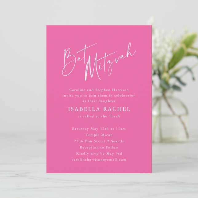 Minimalist Script Cute Hot Pink Modern Bat Mitzvah Invitation (Standing Front)