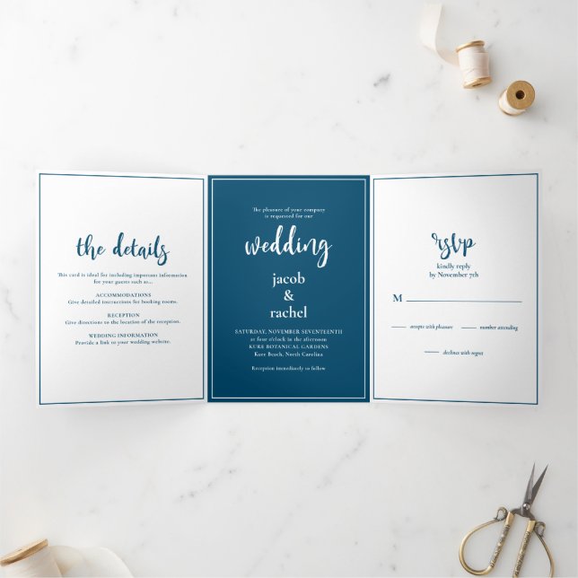 Minimalist Script Dark Blue & White Wedding Tri-Fold Invitation (Inside)
