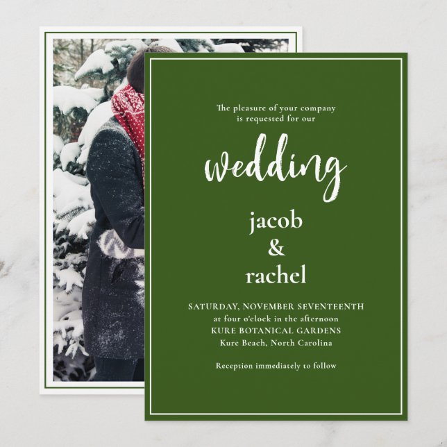Minimalist Script Dark Forest Green Photo Wedding Invitation (Front/Back)