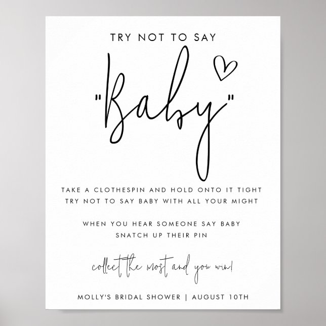 Minimalist Script Don't Say Baby Shower Game Poster (Front)