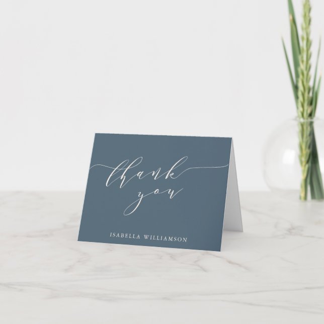 Minimalist Script Dusky Blue Bridal Shower Custom Thank You Card (Front)