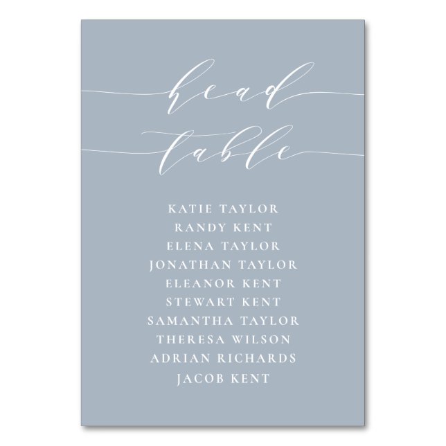 Minimalist Script Dusty Blue Head Table Wedding Number (Front)