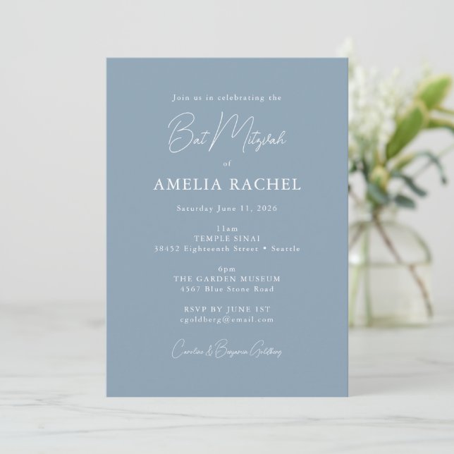 Minimalist Script Dusty Blue Modern Bat Mitzvah Invitation (Standing Front)