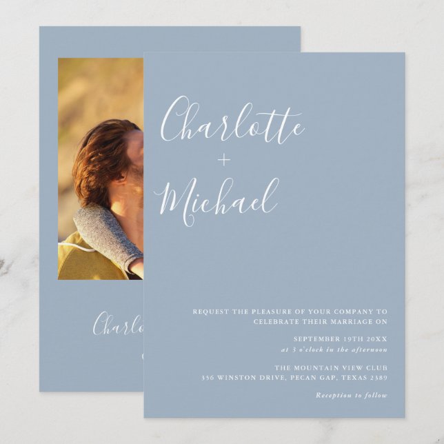 Minimalist Script Dusty Blue Photo Wedding Invitation (Front/Back)