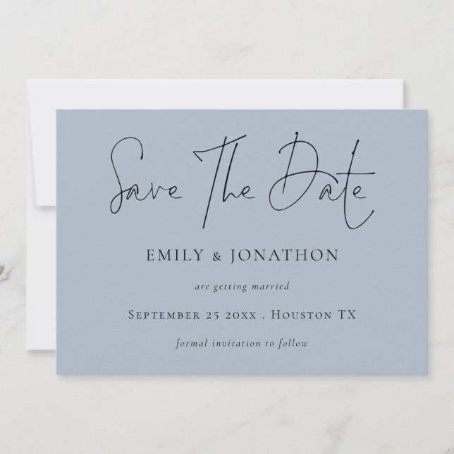 Minimalist Script Dusty Blue Save The Date (Front)