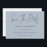 Minimalist Script Dusty Blue Save The Date<br><div class="desc">Minimalist Script Dusty Blue Save The Date.  Simple elegance with Save The Date in a modern set script.The rest of the text you can easily personalise.Shown here in black on Dusty blue however the text and background colours can be changed if you wish via the customise further option.</div>