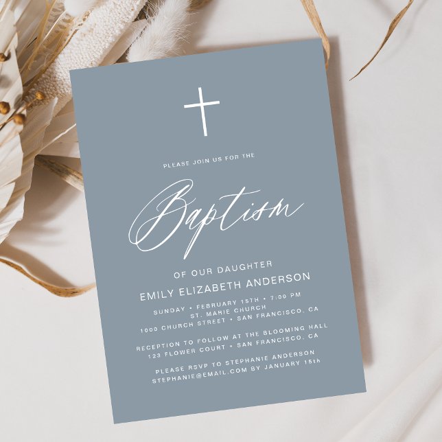Minimalist Script Dusty Blue Simple Baptism Invitation (Creator Uploaded)